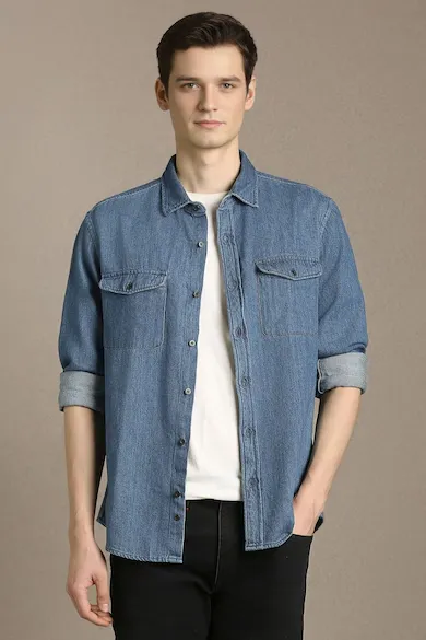 Men Blue Solid Full Sleeves Casual Shirt